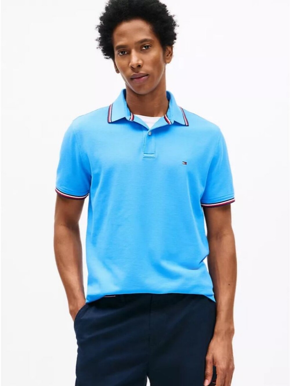 Tommy Hilfiger Sky Blue Wicking Polo with Striped Collar